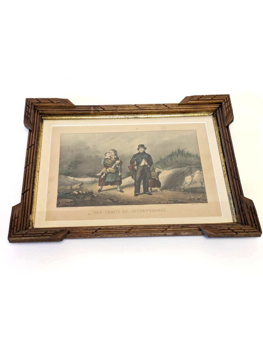 Antique Currier & Ives Hand Colored Lithograph Print Fruits of Intemperance 1870